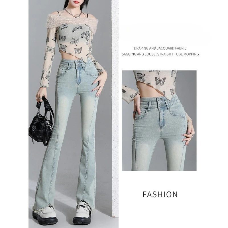 

Light Blue High-waisted Flared Jeans New Spring Style for Women with Slim Fit and A Hot Girl's Fringed Design, Horseshoe Pants