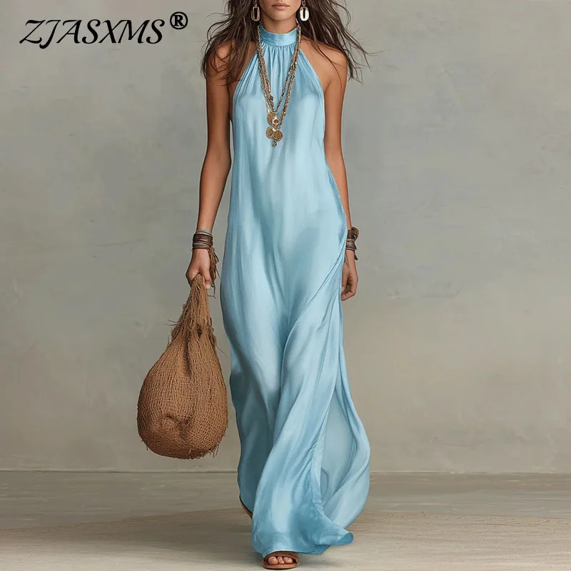 Damen Schickes Einfarbiges Neckholder-Maxikleid Ärmellos Locker Fließend Sommer Strand Urlaub Party Kleid Frühling Boho Elegantes Langes Kleid mit Schlitz
