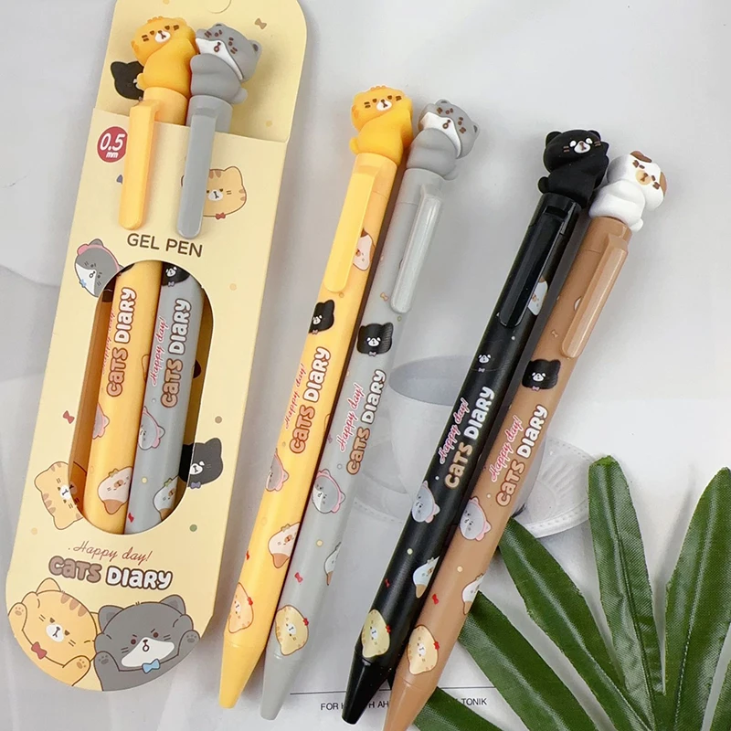 2pcs/box Kawaii Cat Pens Aesthetic Black Ink Gel Pen Ballpoint Pen Stationery Office Accessories School Supplies Kit Gift