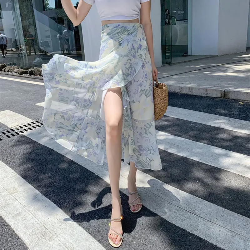 Beach Style Broken Flowers Skirts Female Clothing A-Line Stylish Drawstring Irregular Summer Thin High Waist Casual Midi Skirts