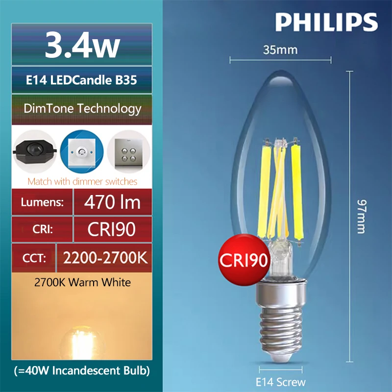 Philips Master LED Candle E14 Filament Lamps 3.4W(=40W) B35 Clear Bulbs 220-240V DimTone Dimmable Warm White Indoor Light