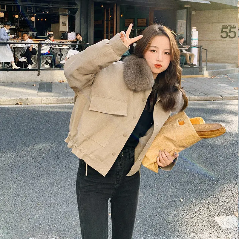 2023 Winter New Women Cropped Coat Female Warm Jacket Fashion Leisure Thick Loose Solid Casual Sweet Detachable Collar All-Match