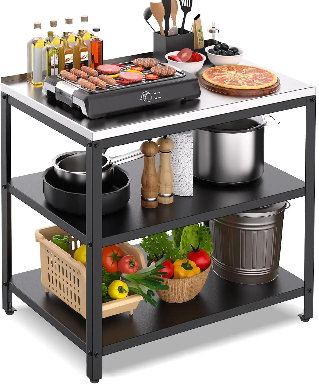 

Heavy Duty Outdoor Grill Prep Station 3 Tier Stainless Steel Rust Resistant Utility Table For Patio Pizza Oven Garage Food Prep