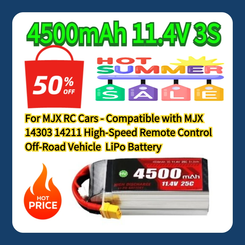 

For MJX RC Cars - Compatible with MJX 14303 14211 High-Speed Remote Control Off-Road Vehicle 4500mAh 11.4V 3S LiPo Battery