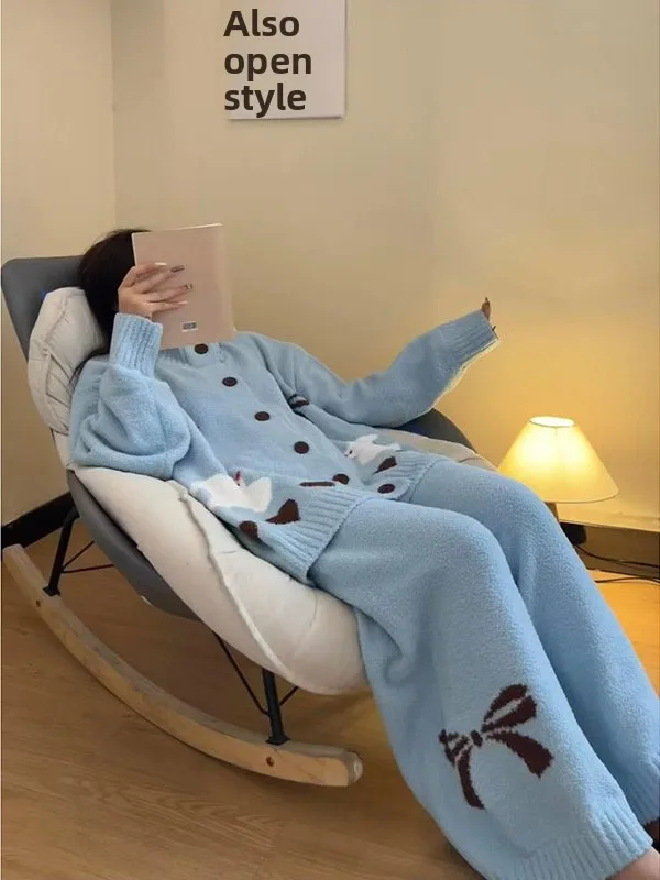 

plus Size Women's Thiened Knitted f Fce Pajamas Set Sweet Cartoon Print Long Sve round Ne Home Clothes Set