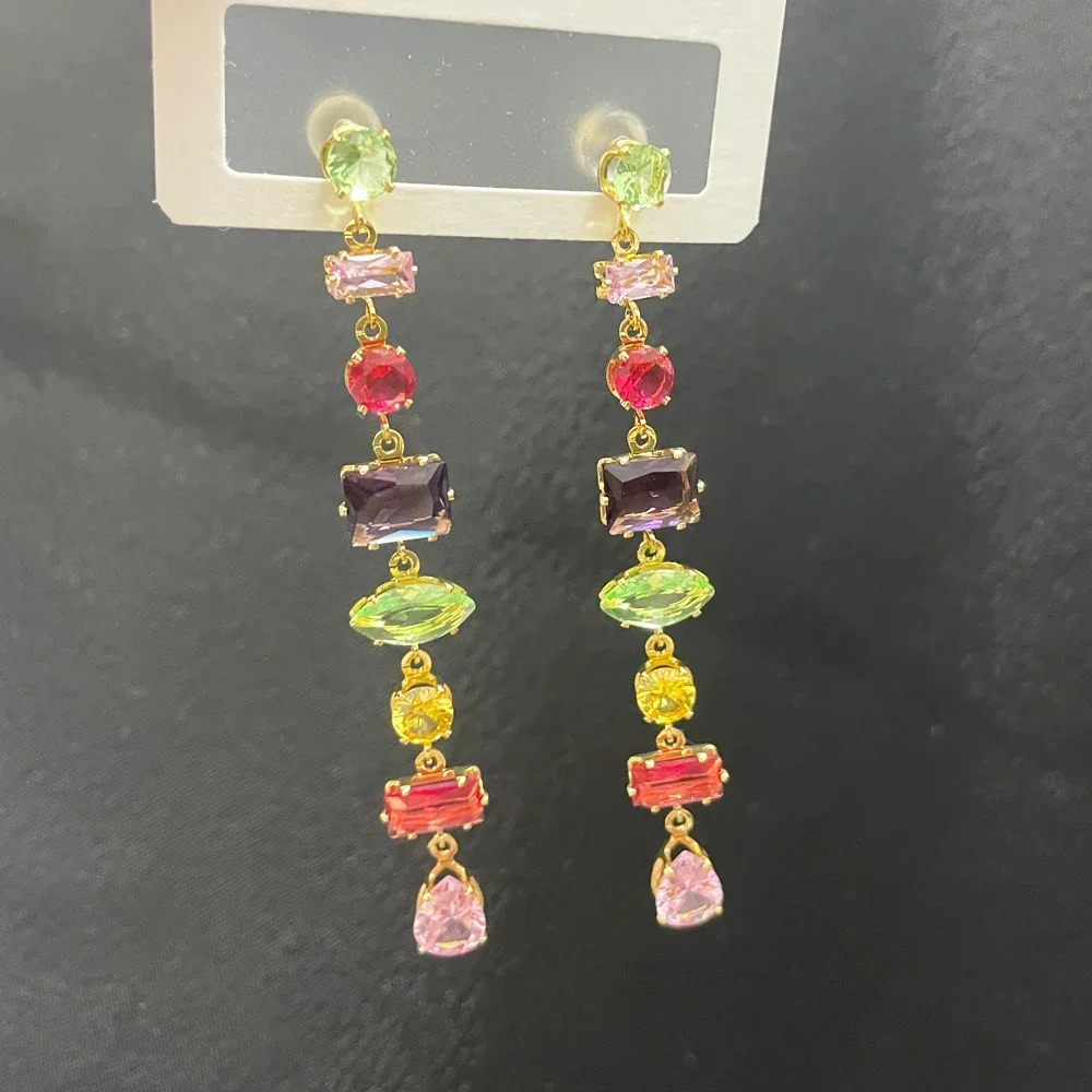 Luxury Rainbow Crystal Dangle Drop Earrings for Women Wedding Party Jewelry Accessories Gorgeous Cubic Zirconia Bridal Brincos