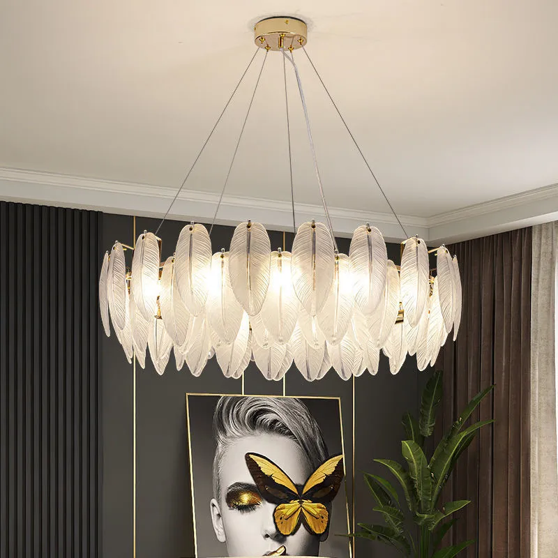 Modern Luxury Villa Led Chandelier Feather Glass Gold Metal For Living Room Bedroom Pendant Lights