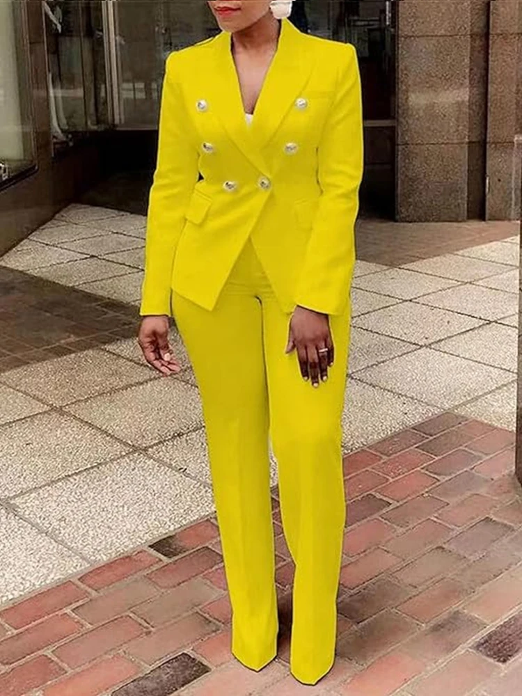 Elegant Office Lady Plus Size Suit Two Piece Set Double Breasted Long Sleeve Notched Collar Solid Casual Autumn Matching Set