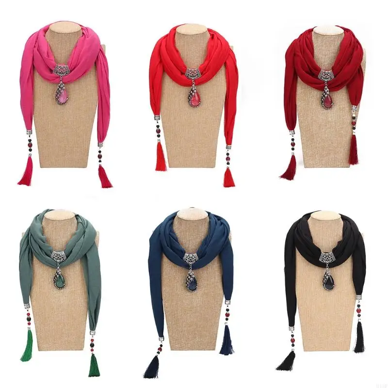 918F 200x40cm Women Vintage Solid Color Ethnic Scarf Water Drop Bead P