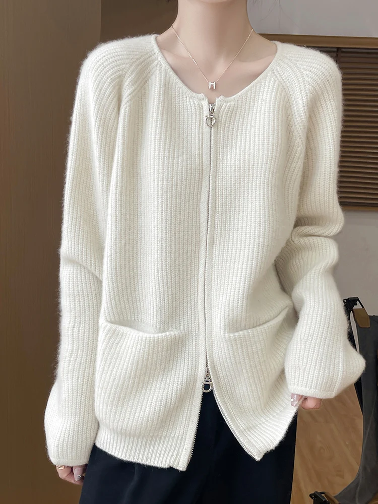 Autumn Winter New Cashmere Sweater Women's Clothing Round Neck Knitted Cardigan 100% Wool Casual Loose Large Size Tops Thicken