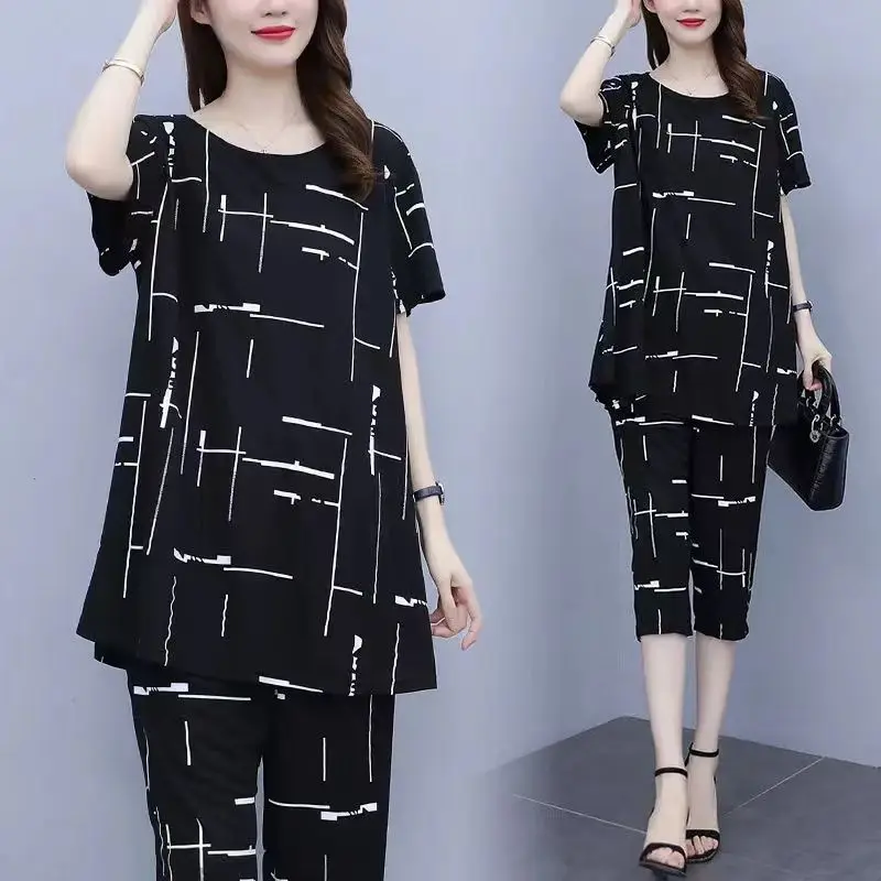 2024 Summer New Women\'s Printed Crew Neck Elegant Loose Appear Thin Short Sleeve High End Leisure Age Reducing Two-piece Set