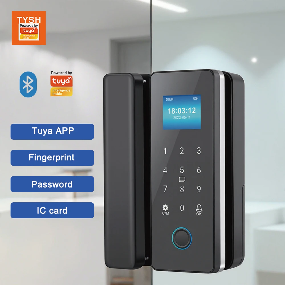 TYSH Digital Glass Door Smart Lock Biometric Fingerprint Tuya App Unlock Lock Key Card Nfc Password Wifi Or Ble Link Lock