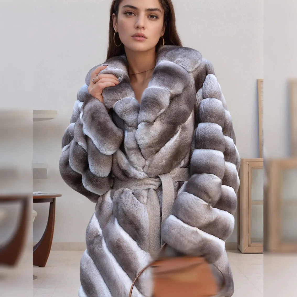 ฤดูหนาวสีกากี Real Full Pelt Coats สตรีธรรมชาติ Rex กระต่ายขนสัตว์เสื้อกันหนาวแฟชั่น Warm Real Rex กระต่ายขนสัตว์หนา Outwear