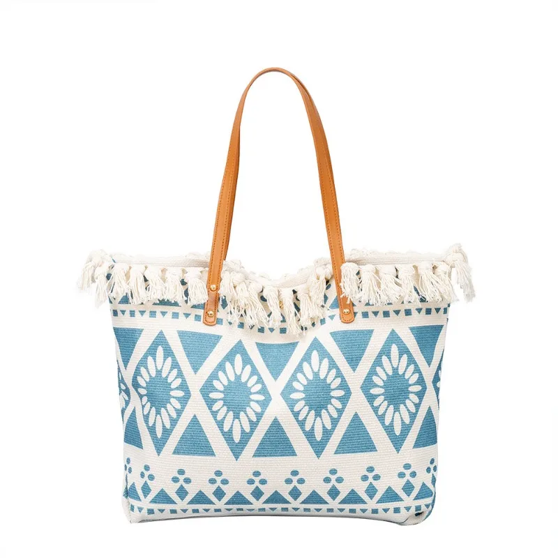 Women's Large Capacity Canvas Tote Bag Geometric Pattern Design Ladies Shoulder Bag Bohemian Ethnic Style Tassel Handbag Female