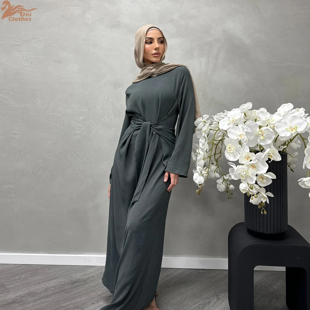 Uni Fashion Dubai Abaya Muslim Woman Kaftan With Belt Square Collar Moroccan Saudi Long Dress Elegant Robe Clothing 2024