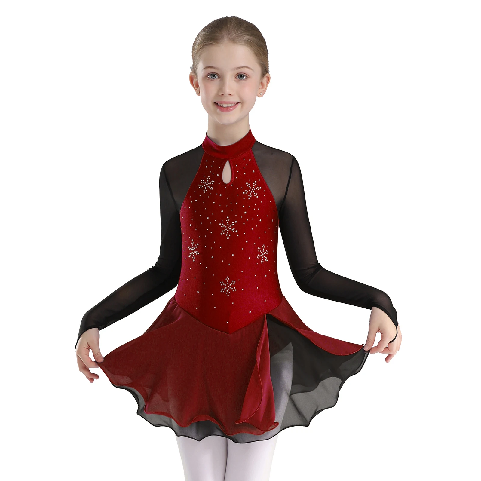 

Figure Skating Dress Dance Competition Costume Ballet Dancewear Kids Girls Long Sleeve Sparkly Rhinestones Gymnastics Tutu Dress