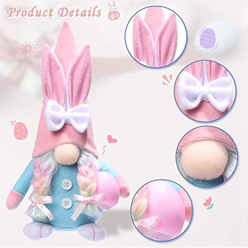 Easter Gnome Bunny Kit - 2Pcs Handmade Swedish Tomte Plush Rabbits Set With Easter Egg And Carrot, Suitable As Easter Decoration image 2