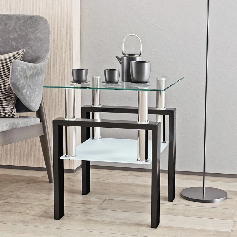 

Modern Square Tempered Glass Coffee Table, Transparent with Black Frame, Living Room End Table