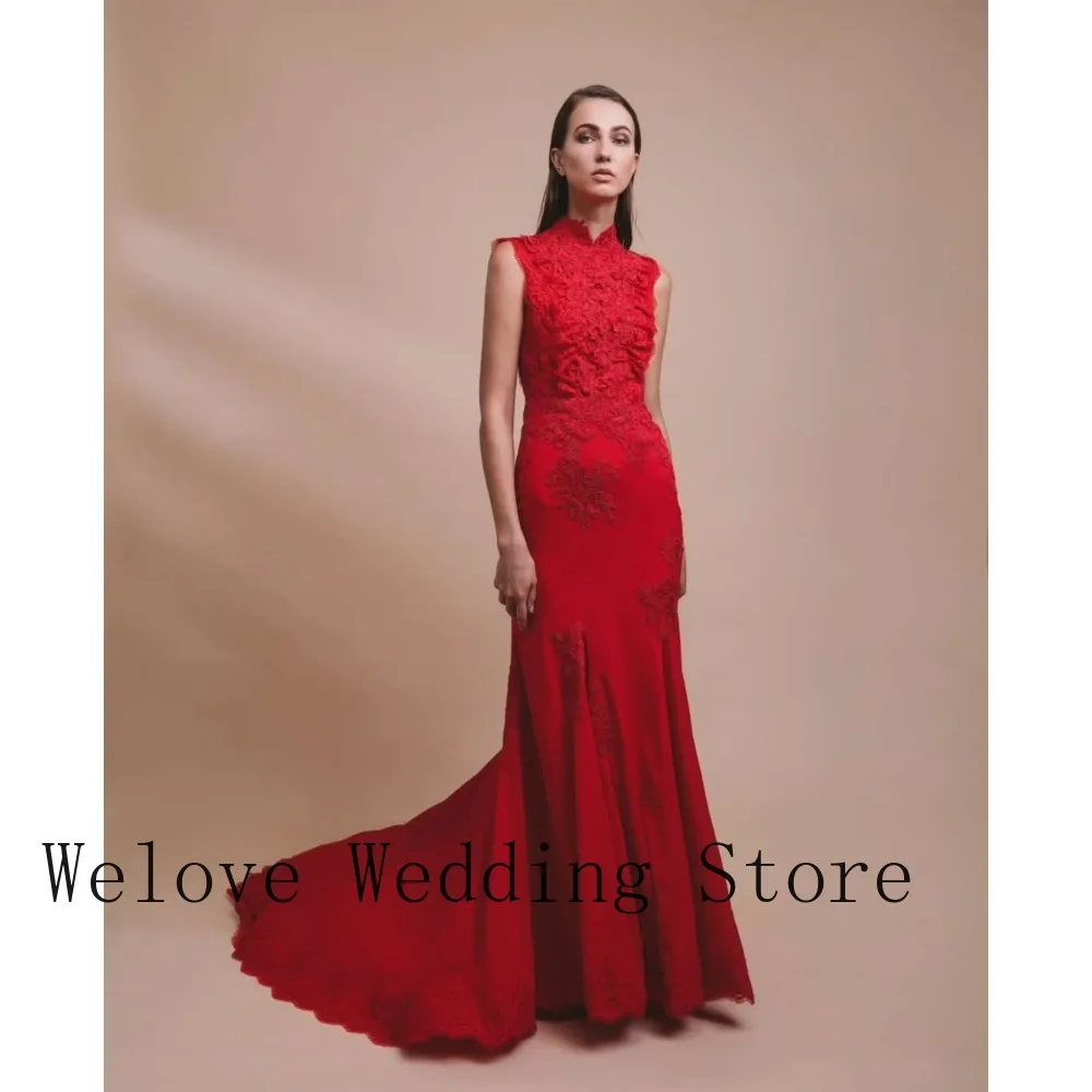 Luxury Red High Neck Mermaid Evening Dress Lace Appliqué Train for Chinese Wedding Engagement Party 2026 Collection