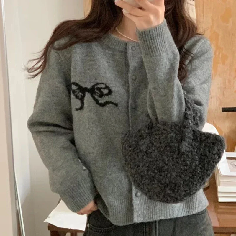 Cardigan Korea Chic Bow Embroidery Knitted Cardigans Fashion Single Breasted O-neck Sweater Knitwear Coat  2024 Spring Autumn