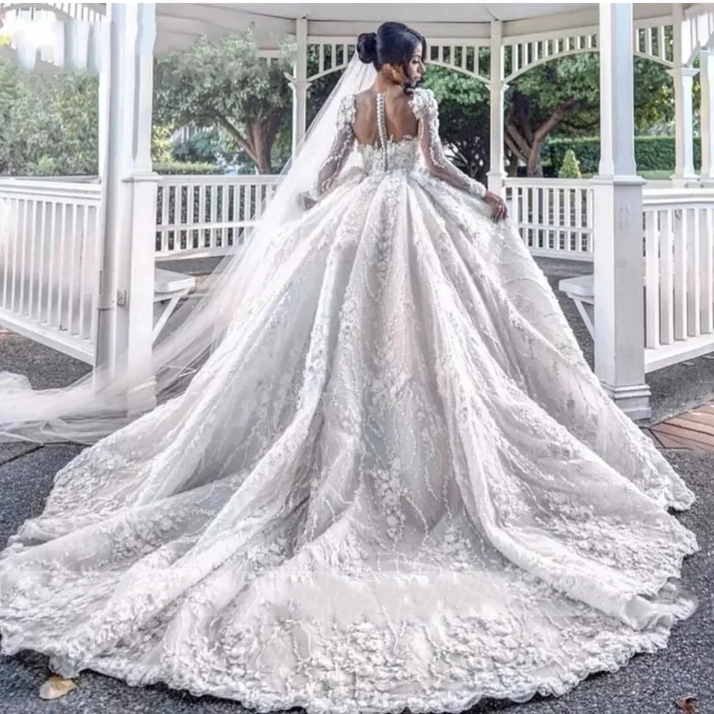 Flavinke Customzied 빈티지 전체 레이스 웨딩 드레스 2025 아랍어 3D 꽃 환상 긴 소매 신부 가운 V 넥 Vestidos