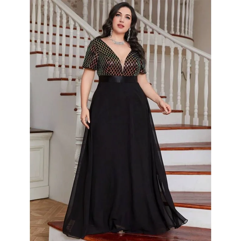 Plus Size V Neck Rhombus Sequin Luxury 4XL5XL Chiffon Dress Party Prom Black 3/4 Sleeve Over Maxi Dress for Party Wedding