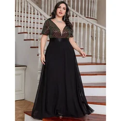 Robe de Soirée Noire à Col en V et Double Couche pour Demoiselle d'Honneur, Tenue Brillante de Grande Taille, Longueur au Sol, pour Banquet et Bal