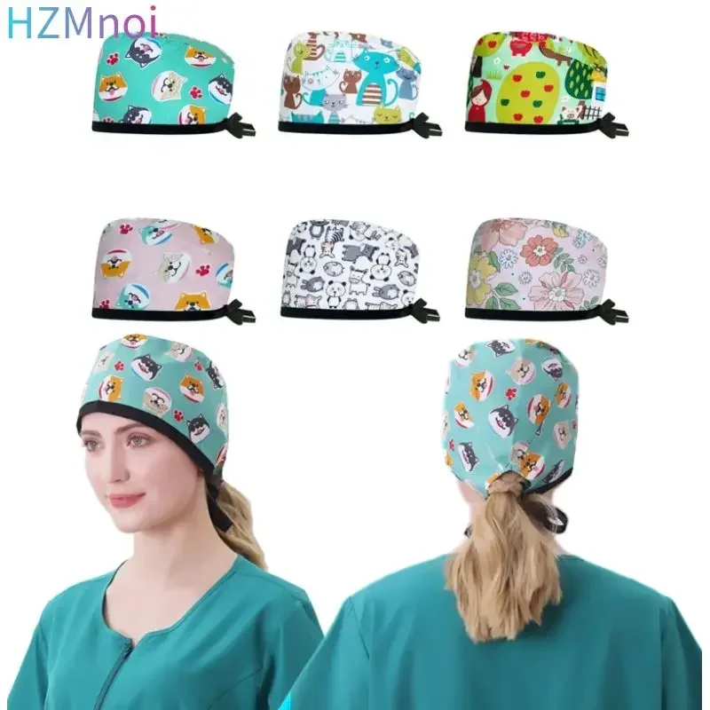 Berretti chirurgici da donna Stampa Infermiera Scrub Cappello in puro cotone Cappello infermieristico medico Dentista Lab Salone di bellezza Clinica Cappello da lavoro Accessori