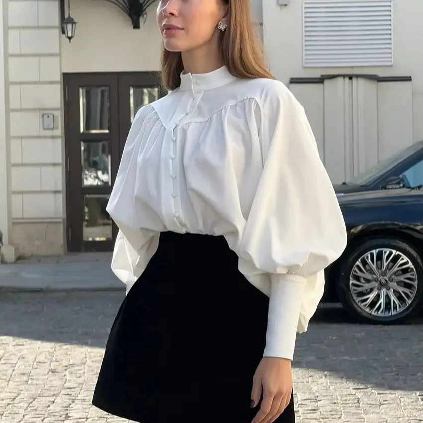

WXOY Women Vintage Puff Sleeve Blouse Stand-Up Collar Blouse Balloon Sleeve Relaxed Fit Elegant Casual Styling