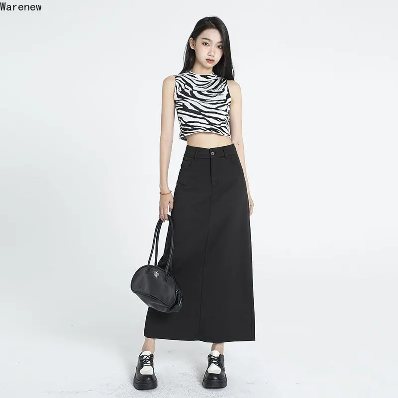 2023 Autumn Office Lady Korea Style Solid Color Soft Mid Long Skirts Women Vintage High Waist Loose Streetwear A-Line Suit Skirt