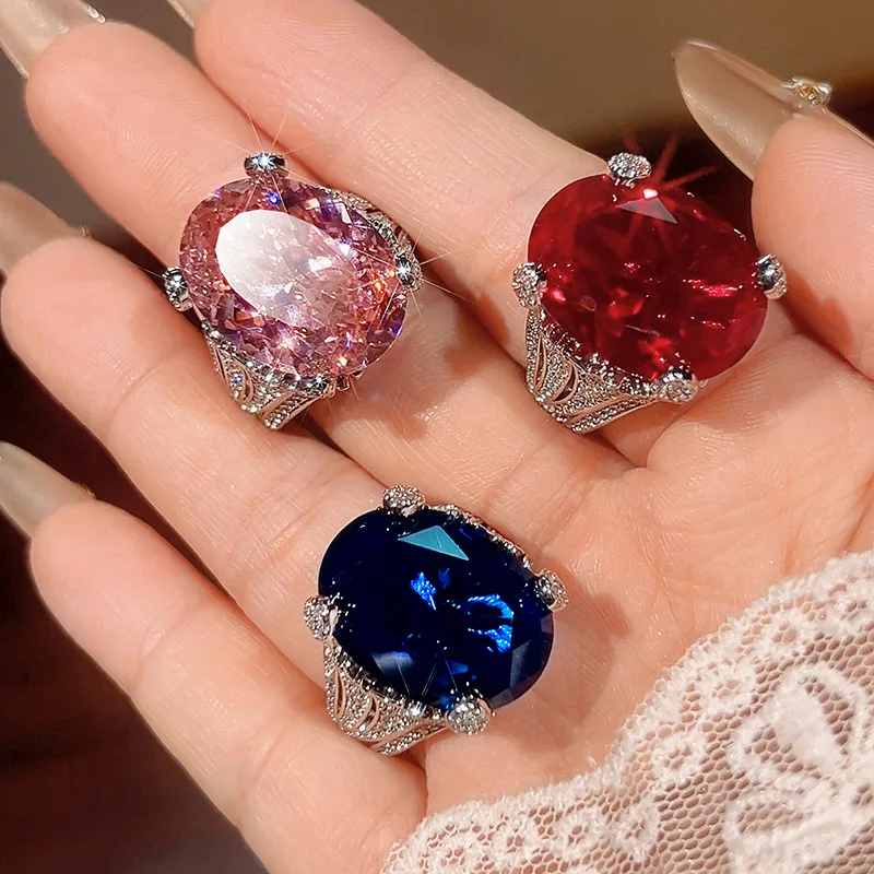 Silver Plated Oval Large Colorful CZ Statement Ring Hollow Pave Shank Women Banquet Cocktail Party Jewelry