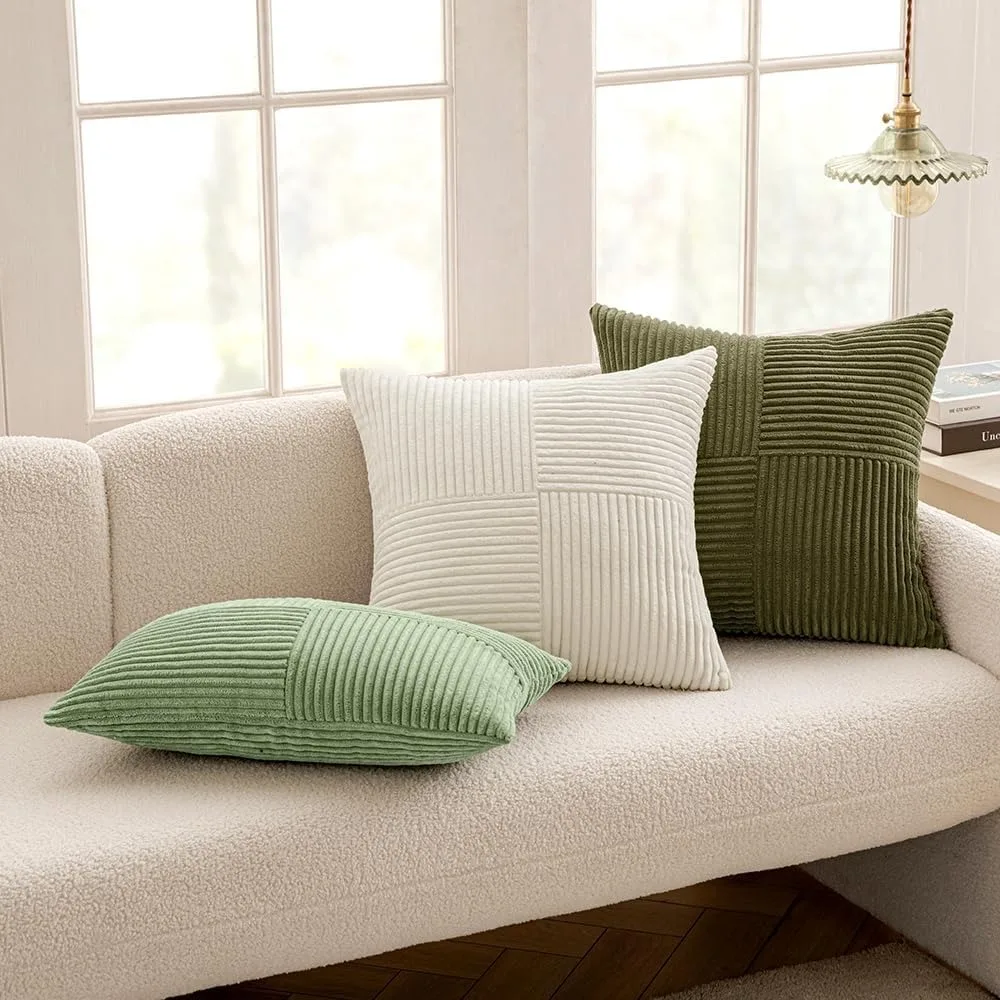 Green Textile Throw Pillow Covers 18x18 Inch for Living Room Couch Bed Sofa Soft Striped Corduroy Square Cushion Case 45x45 Cm