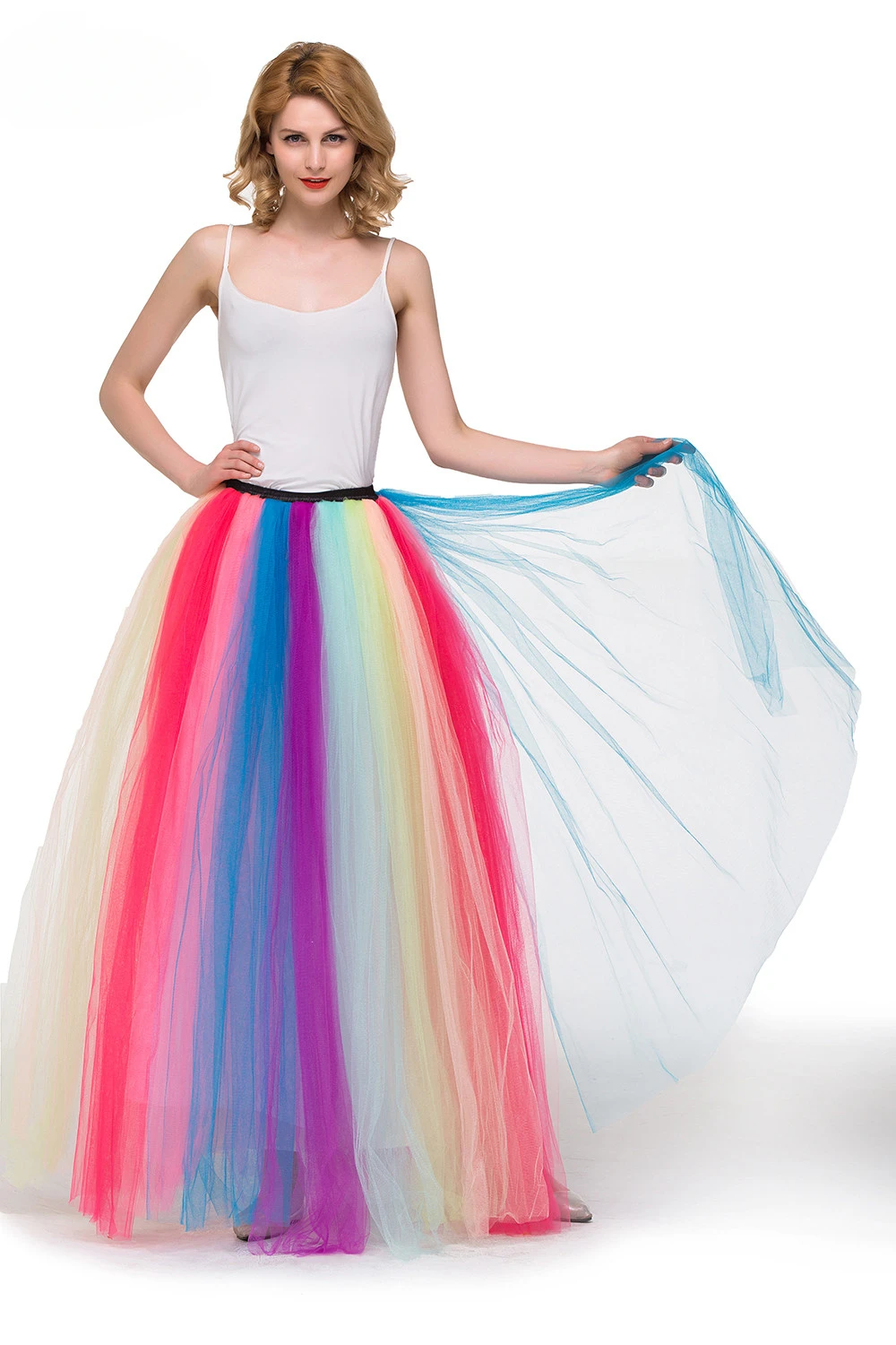 

Women A Line Rainbow Pleated Long Maxi Tutu Tulle Party Skirts Vintage 6 Layers Elastic High Waist Long Party Beach Dresses