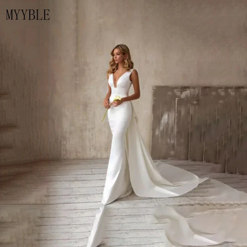 

Customized Mermaid Wedding Dresses With Detachable Train Bow Simple Vestidos De Novia Custom Made 2022 Bridal Party Gown