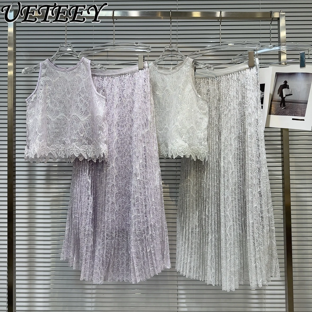 

Новый летний короткий топ без рукавов с круглым вырезом и вышитой цепочкой, жилет с блестками + плиссированная кружевная длинная юбка с высокой талией