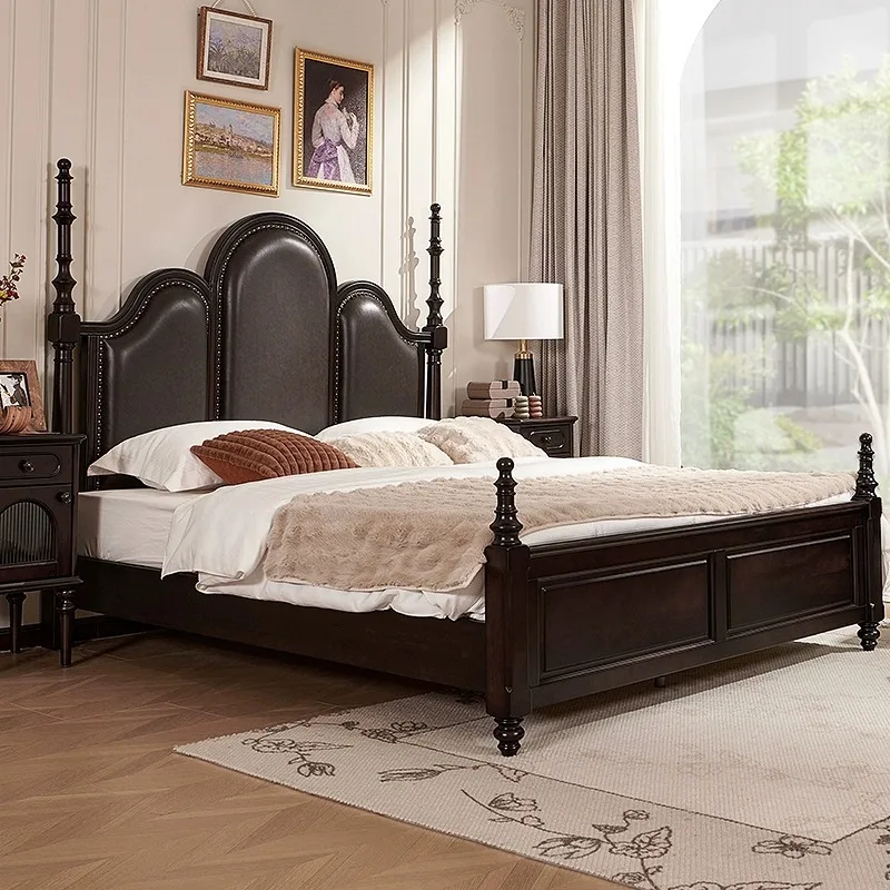 HYS American-style minimalist solid wood double bed, vintage high-end master bed, French genuine leather soft-back large bed