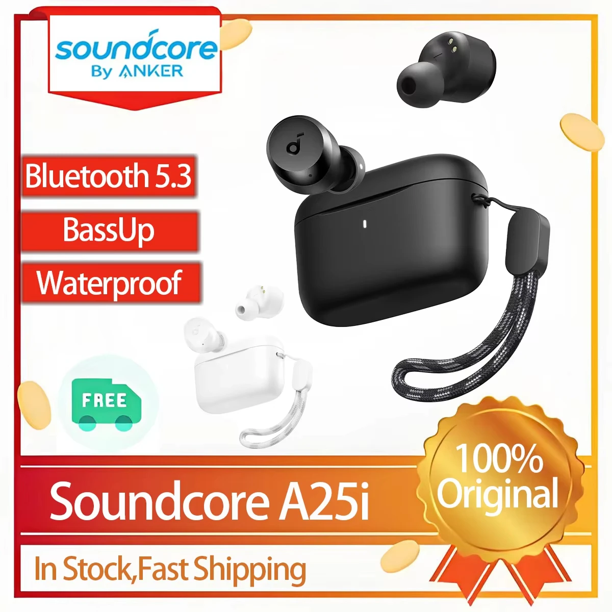 سماعات أذن Soundcore الأصلية من Anker A25i TWS True سماعة لاسلكية تعمل بالبلوتوث 28 ساعة وقت تشغيل طويل داخل الأذن سماعة أذن رياضية مقاومة للماء مع ميكروفون