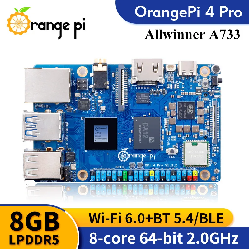 TopElec Orange Pi 4 Pro 8GB LPDDR5 + Power Supply Allwinner A733 Chip 3Tops NPU Wi-Fi6.0+BT5.4 M.2 M-Key Slot Single Board Compu