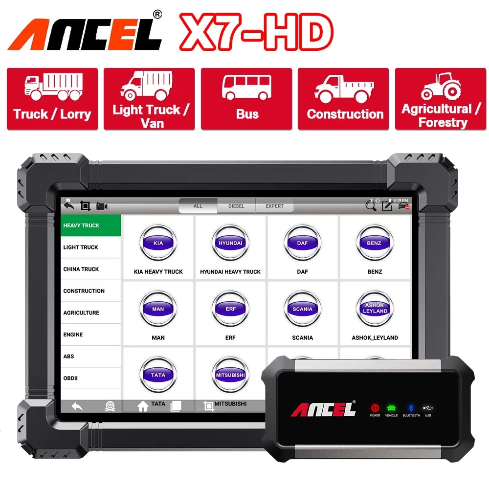 ANCEL X7 HD Heavy Duty Truck Diagnostic Scanner Professional Full System 12V 24V Oil DPF Regen ECU Reset OBD2 Truck Scanner