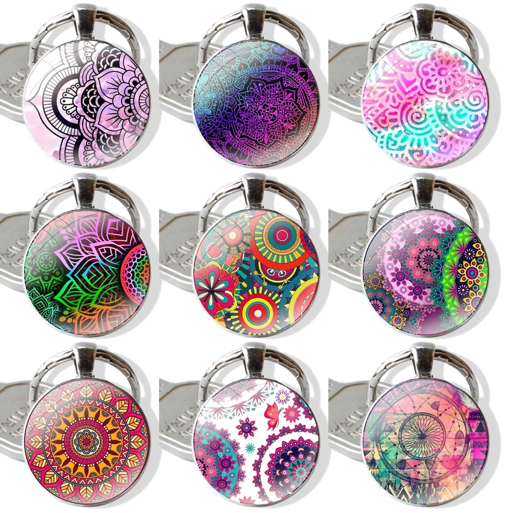 Dreamcatcher Mandala Keychain Glass Cabochon Metal Pendant Classic Men's Women's Keyring