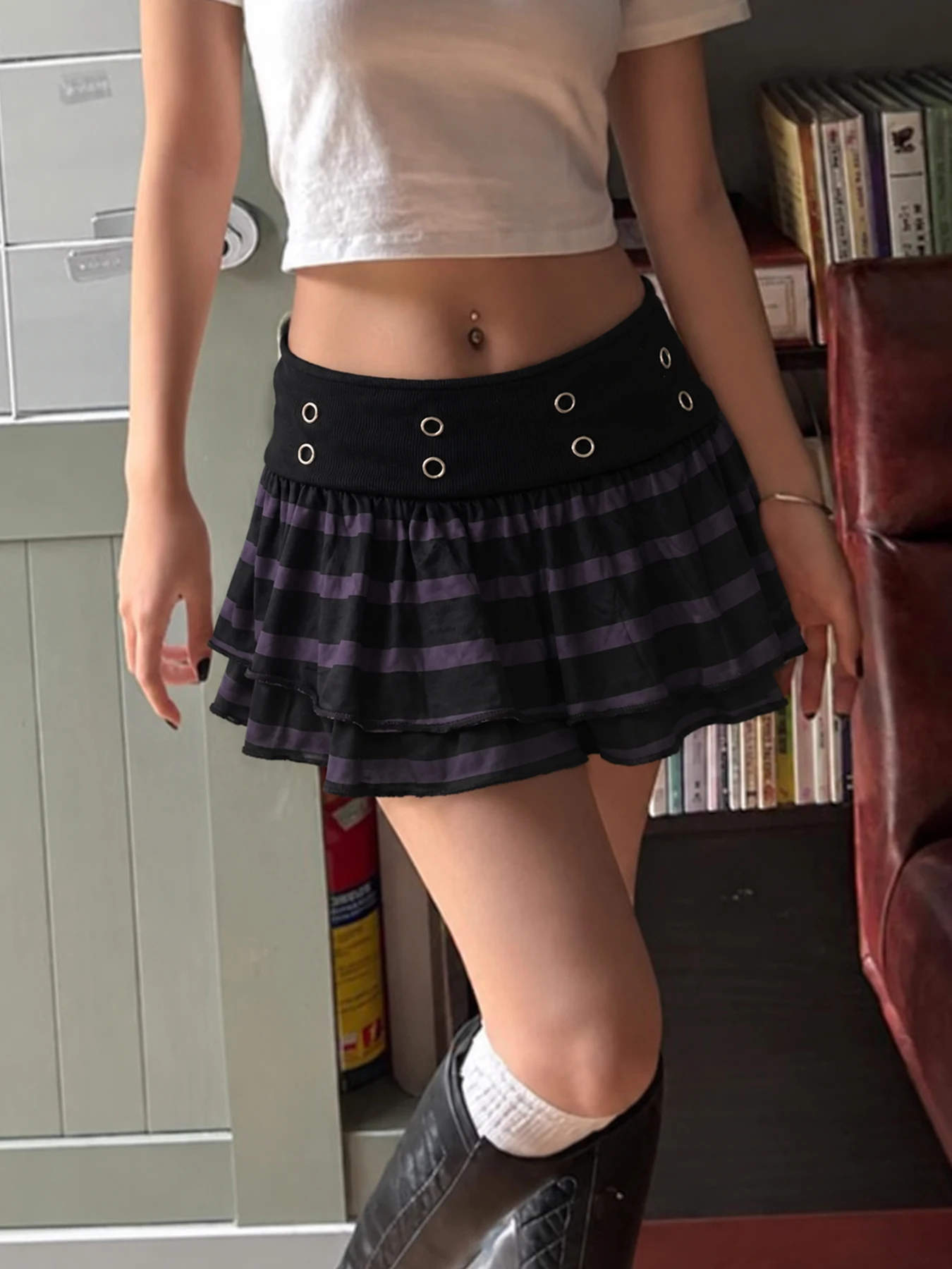 Y2K Alt Purple Black Stripe Low Waist Mini Skirt Women Eyelet Waist Double Ruffle Cake Skirt