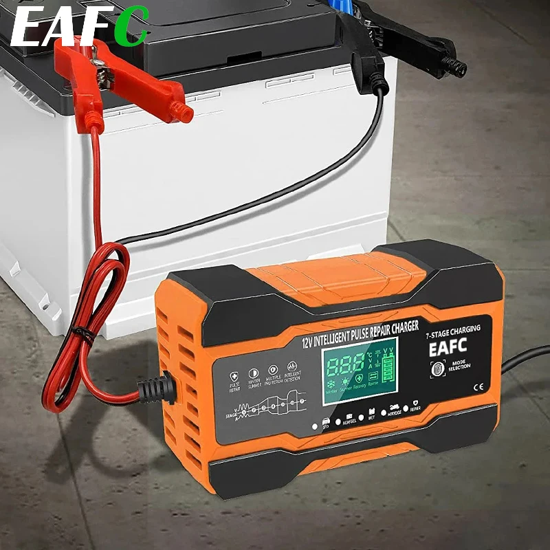 EAFC 12V Full Automatic Car Battery Charger12A/10A Digital Smart Battery Charger for SUV Truck Car AGM GEL WET Pulse Repair