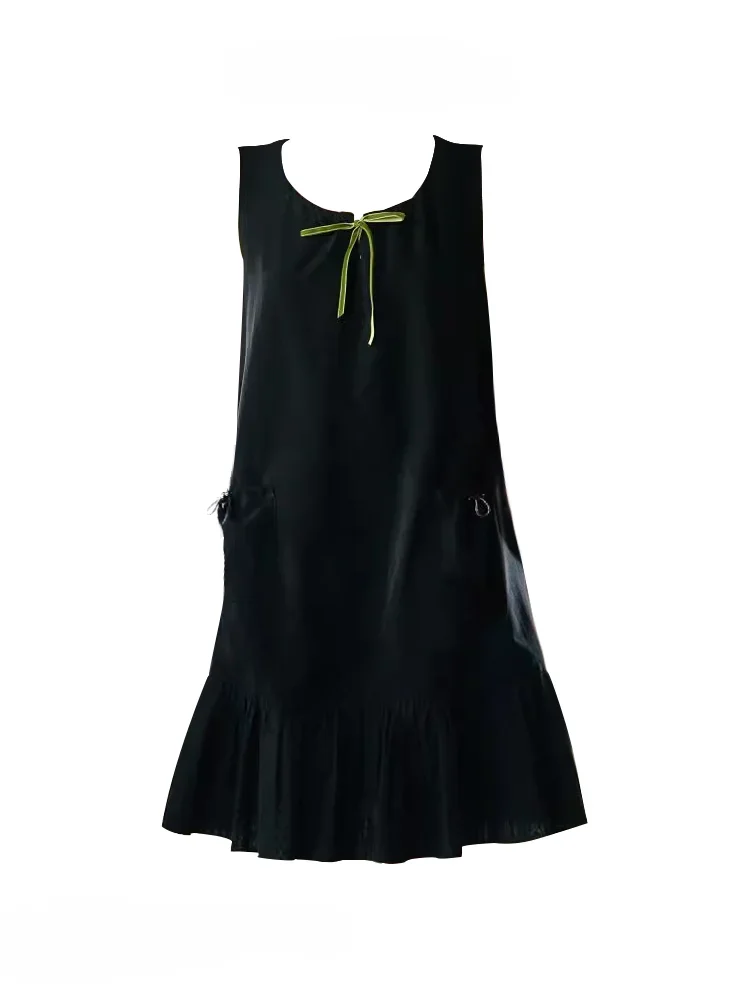 Vestido sin mangas de Color liso con cuello redondo para mujer, chaleco con lazo, cintura alta, cordón lateral, ajustado, temperamento, Camiseta corta sin mangas