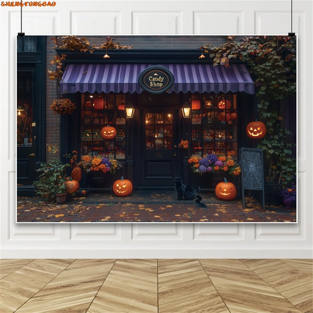 خلفية متجر حلوى الهالوين، فوانيس اليقطين، نباتات الأطفال الصغار، صورة عائلية، خلفية للتصوير الفوتوغرافي، دعائم استوديو الصور