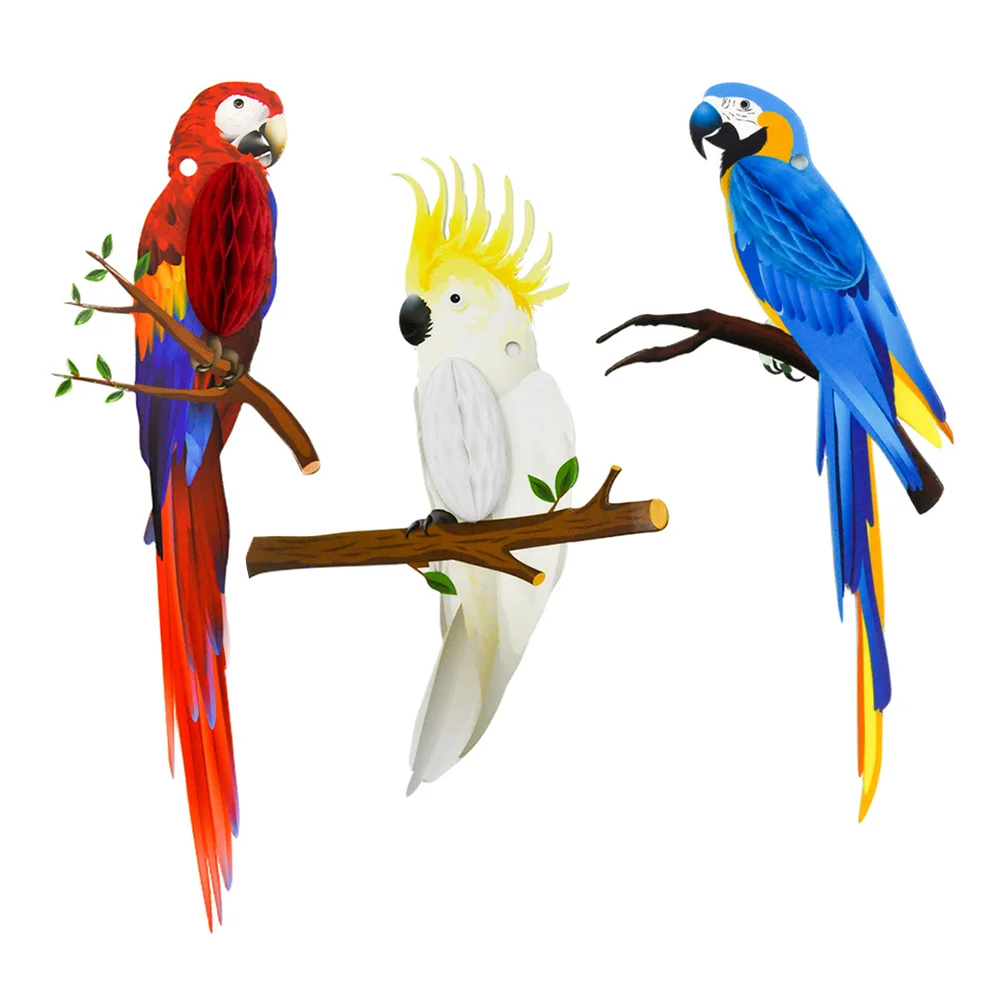 3 Pcs Parrot Honeycomb Charm Paper Hawaiian Party Hanging Honeycombs Colorful Tropical Birds