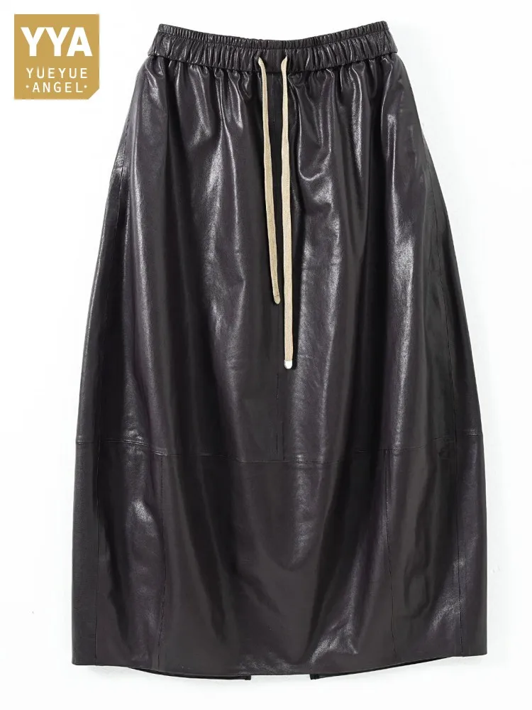 Fashion Women Real Sheepskin Genuine Leather Bud Skirt Comfortable Elastic Waist Mid Calf Long Skirts Autumn Streetwear Skirt