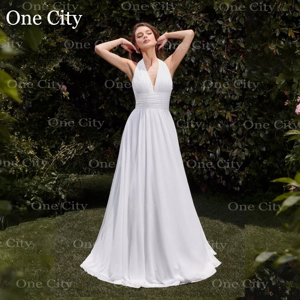 

2026 Halter Neck Wedding Dress Deep V Neck Bridal Gown A-Line Chiffon Backless Formal Bride Dresses vestidos de novia Customized