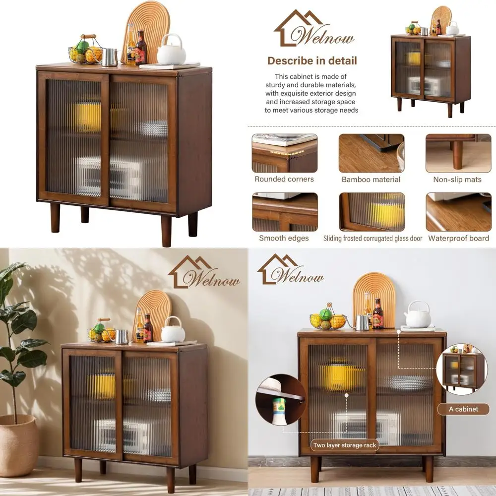 

Bamboo Buffet Cabinet with Storage and 2-Tier Shelves, Kitchen Display and Coffee Bar Table