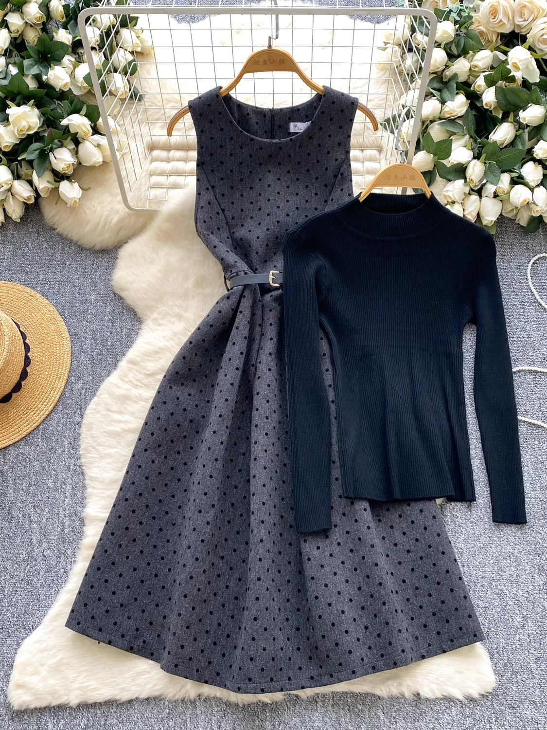 Women's Autumn Faion Two-Piece Set High Waist Polka Dot Dr Belted Waist Svel + Knitted Base Layer Ci Commute