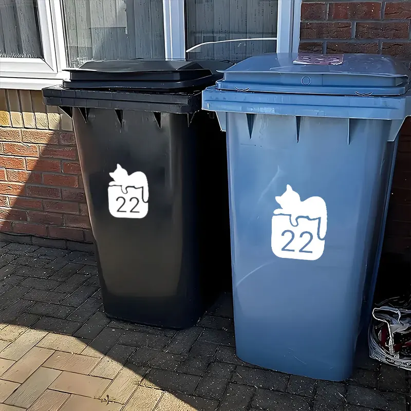 1PC 18x23CM Custom House Number Cute Cat-Themed Trash Can Sticker Waterproof Vinyl Decals Self-Adhesive Universal image 3